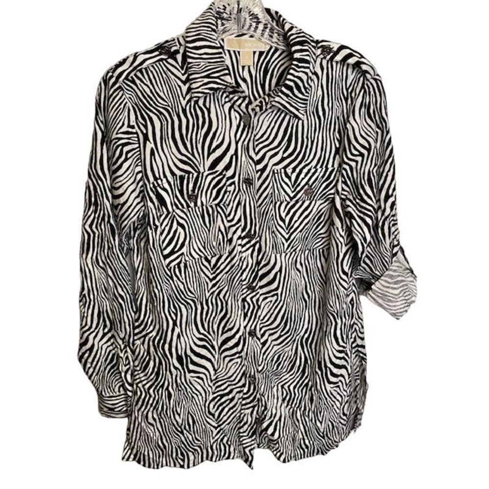 Michael Michal Kors Animal Print Blouse Roll Tabs NWTS